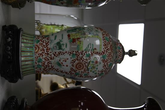 A Chinese enamelled porcelain baluster vase, late 19th century, 50cm incl. light fitting, neck reduced, drilled